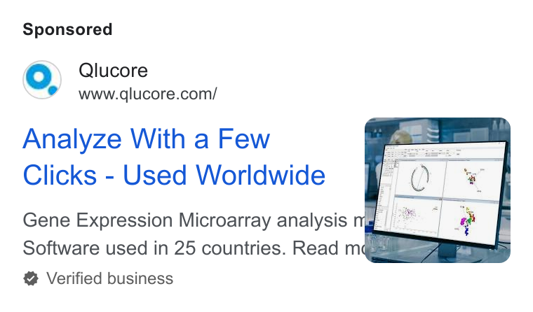 Qlucore ad on Google Ads: Analyze With a Few Clicks - Used Worldwide Verified business