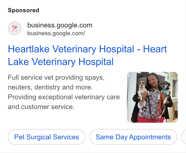 PetDesk ad on Google Ads: business.google.com/ Heartlake Veterinary Hospital - Heart Lake Veterinary Hospital Full service vet providing spays, neuters, dentistry and more. Providing exceptional veterinary care and customer service. Pet Surgical Services Same Day Appointments