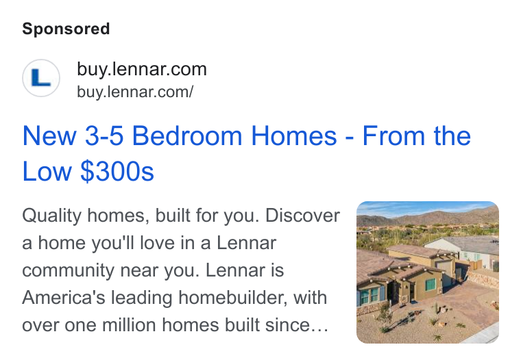 Lennar ad on Google Ads: buy.lennar.com/ New 3-5 Bedroom Homes - From the Low $300s Quality homes, built for you. Discover aguas a home you'll love in a Lennar m, community near you. Lennar is America's leading homebuilder, with over one million homes built since...