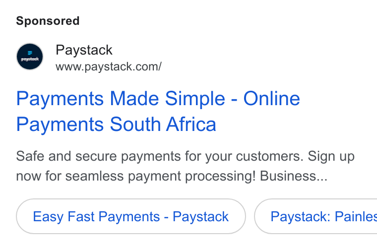 Paystack ad on Google Ads: Payments Made Simple - Online Payments South Africa Safe and secure payments for your customers. Sign up now for seamless payment processing! Business... Easy Fast Payments - Paystack })( Paystack: Painles