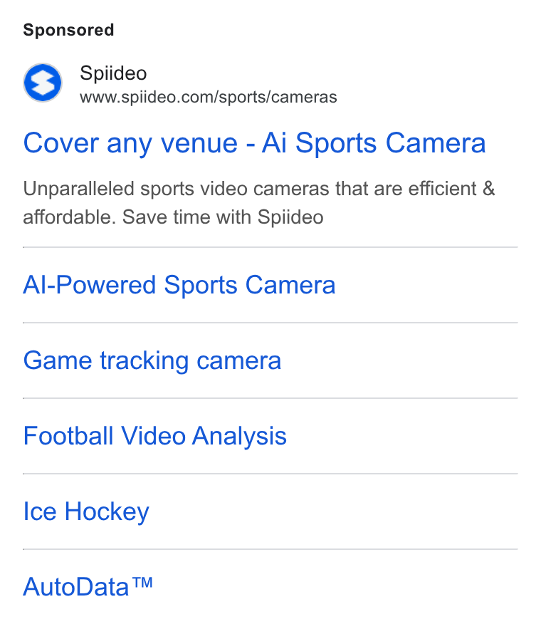 Spiideo ad on Google Ads: Cover any venue - Ai Sports Camera Unparalleled sports video cameras that are efficient & affordable. Save time with Spiideo Al-Powered Sports Camera Game tracking camera Football Video Analysis Ice Hockey Auto Data™