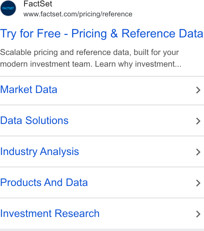 FactSet ad on Google Ads: Try for Free - Pricing & Reference Data Scalable pricing and reference data, built for your modern investment team. Learn why investment... Market Data > Data Solutions > Industry Analysis > Products And Data > Investment Research >