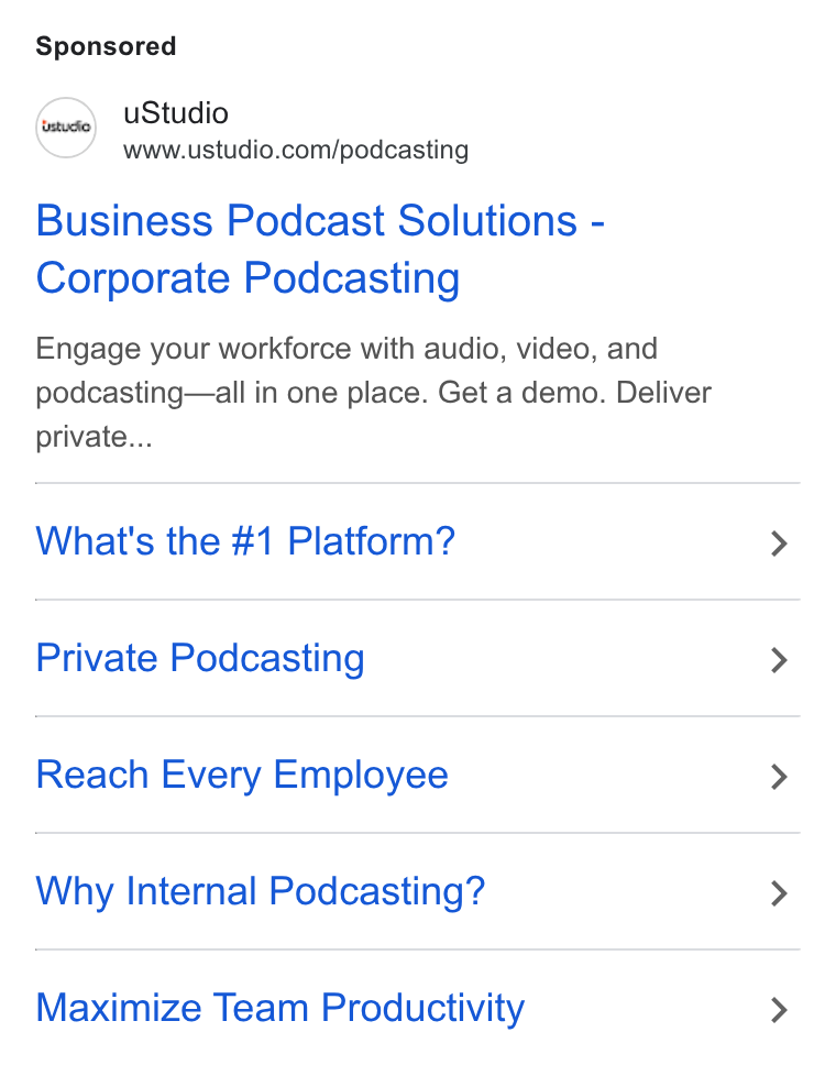 uStudio ad on Google Ads: Business Podcast Solutions - Corporate Podcasting Engage your workforce with audio, video, and podcasting—all in one place. Get a demo. Deliver private... What's the #1 Platform? Private Podcasting Reach Every Employee Why Internal Podcasting? Maximize Team Productivity