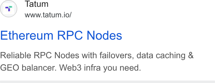 Tatum ad on Google Ads: Tatum www.tatum.io/ Ethereum RPC Nodes Reliable RPC Nodes with failovers, data caching & GEO balancer. Web3 infra you need.