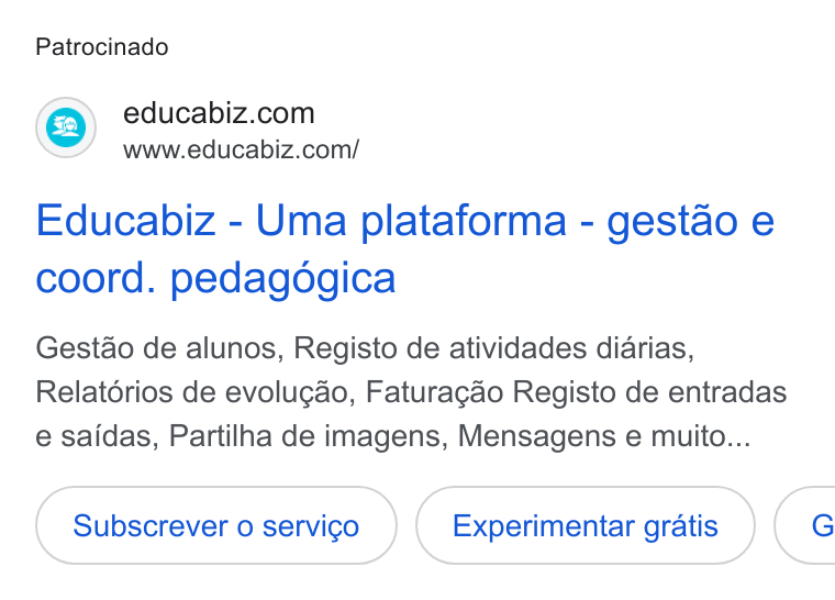YouCanBookMe ad on Google Ads: www.educabiz.com/ Educabiz - Uma plataforma - gestao e coord. pedagogica Gest& o de alunos, Registo de atividades diarias, Relatdérios de evolugao, Faturagao Registo de entradas e saidas, Partilha de imagens, Mensagens e muito... Experimentar gratis }( G