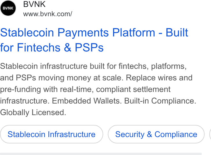 BVNK ad on Google Ads: Stablecoin Payments Platform - Built for Fintechs & PSPs Stablecoin infrastructure built for fintechs, platforms, and PSPs moving money at scale. Replace wires and pre-funding with real-time, compliant settlement infrastructure. Embedded Wallets. Built-in Compliance. Globally Licensed. Stablecoin Infrastructure Security & Compliance (