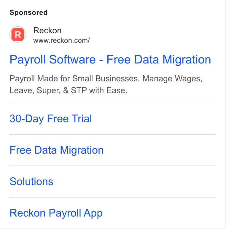 Reckon ad on Google Ads: Payroll Software - Free Data Migration Payroll Made for Small Businesses. Manage Wages, Leave, Super, & STP with Ease. 30-Day Free Trial Free Data Migration Solutions Reckon Payroll App