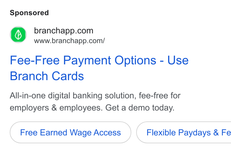 Branch ad on Google Ads: www.branchapp.com/ Fee-Free Payment Options - Use Branch Cards All-in-one digital banking solution, fee-free for employers & employees. Get a demo today. Free Earned Wage Access } ( Flexible Paydays & Fe