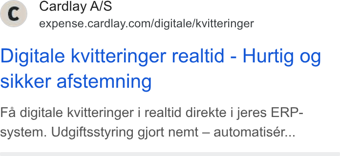 Cardlay ad on Google Ads: Digitale kvitteringer realtid - Hurtig og sikker afstemning Fa digitale kvitteringer i realtid direkte i jeres ERP- system. Udgiftsstyring gjort nemt — automatiser...