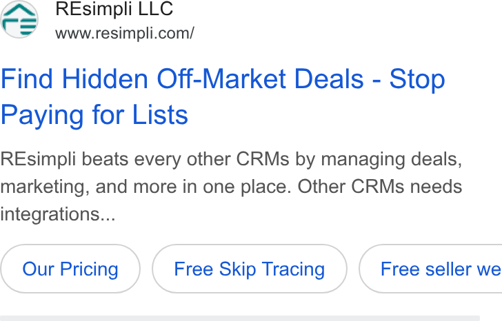 Resimpli ad on Google Ads: Find Hidden Off-Market Deals - Stop Paying for Lists REsimpli beats every other CRMs by managing deals, marketing, and more in one place. Other CRMs needs integrations... Free Skip Tracing }) ( Free seller we