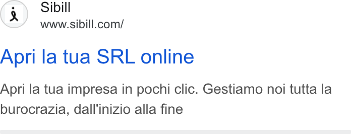 Sibill ad on Google Ads: Apri la tua SRL online Apri la tua impresa in pochi clic. Gestiamo noi tutta la burocrazia, dall'inizio alla fine