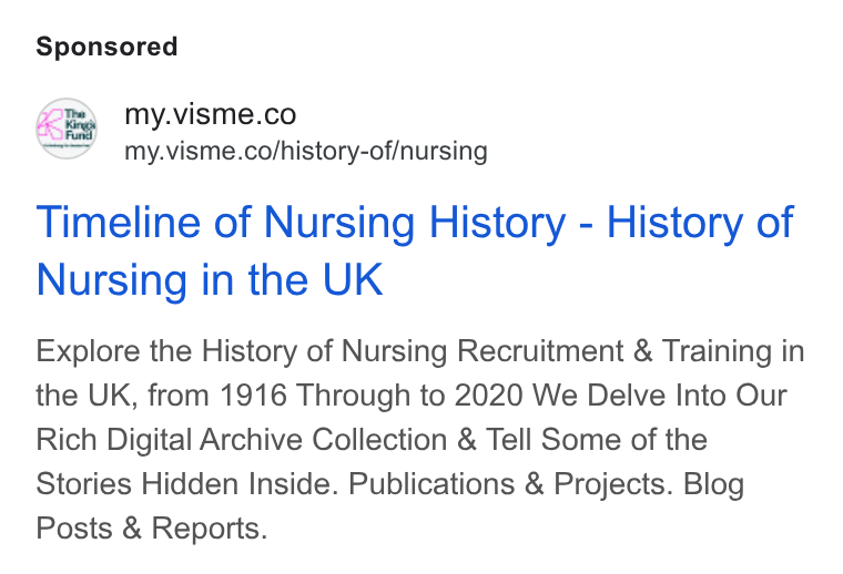 Visme ad on Google Ads: my.visme.co/history-of/nursing Timeline of Nursing History - History of Nursing in the UK Explore the History of Nursing Recruitment & Training in the UK, from 1916 Through to 2020 We Delve Into Our Rich Digital Archive Collection & Tell Some of the Stories Hidden Inside. Publications & Projects. Blog Posts & Reports.