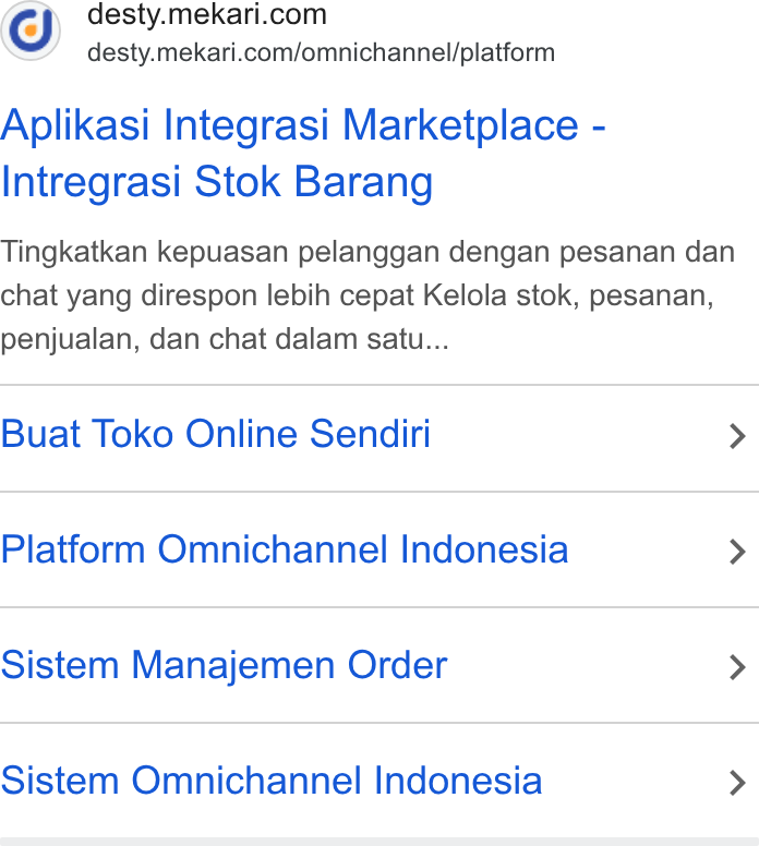 Mekari ad on Google Ads: desty.mekari.com/omnichannel/platform Aplikasi Integrasi Marketplace - Intregrasi Stok Barang Tingkatkan kepuasan pelanggan dengan pesanan dan chat yang direspon lebih cepat Kelola stok, pesanan, penjualan, dan chat dalam satu... Buat Toko Online Sendiri > Platform Omnichannel Indonesia > Sistem Manajemen Order > Sistem Omnichannel Indonesia >