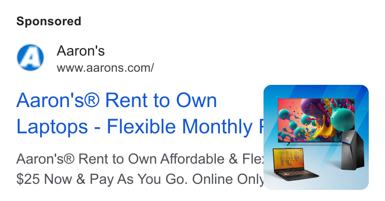 Aaron's ad on Google Ads: Aaron's® Rent to Own