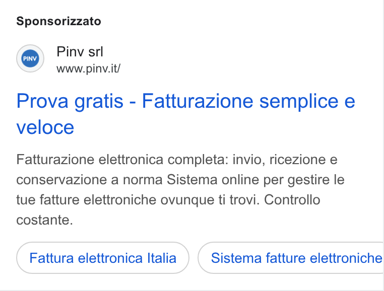PINV ad on Google Ads: Sponsorizzato Prova gratis - Fatturazione semplice e veloce Fatturazione elettronica completa: invio, ricezione e conservazione a norma Sistema online per gestire le tue fatture elettroniche ovunque ti trovi. Controllo costante. Fattura elettronica Italia Sistema fatture elettroniche Ce