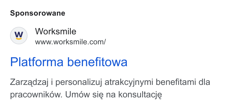 Worksmile ad on Google Ads: Sponsorowane Platforma benefitowa Zarzadzaj i personalizuj atrakcyjnymi benefitami dla pracownikow. Umow sie na konsultacje