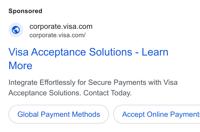 Visa ad on Google Ads: corporate.visa.com/ Visa Acceptance Solutions - Learn More Integrate Effortlessly for Secure Payments with Visa Acceptance Solutions. Contact Today. Global Payment Methods } ( Accept Online Payment