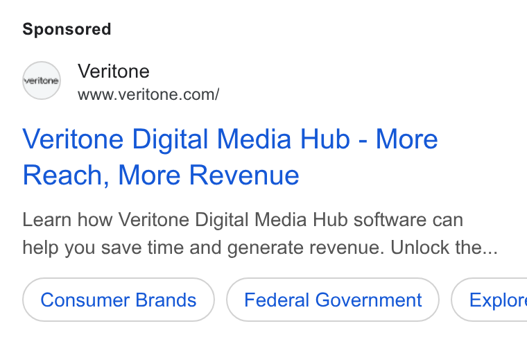 Veritone ad on Google Ads: Veritone Digital Media Hub - More Reach, More Revenue Learn how Veritone Digital Media Hub software can help you save time and generate revenue. Unlock the... Federal Government } ( Explor
