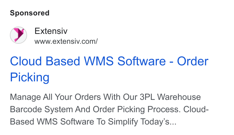 Extensiv ad on Google Ads: Cloud Based WMS Software - Order Picking Manage All Your Orders With Our 3PL Warehouse Barcode System And Order Picking Process. Cloud- Based WMS Software To Simplify Today’s...