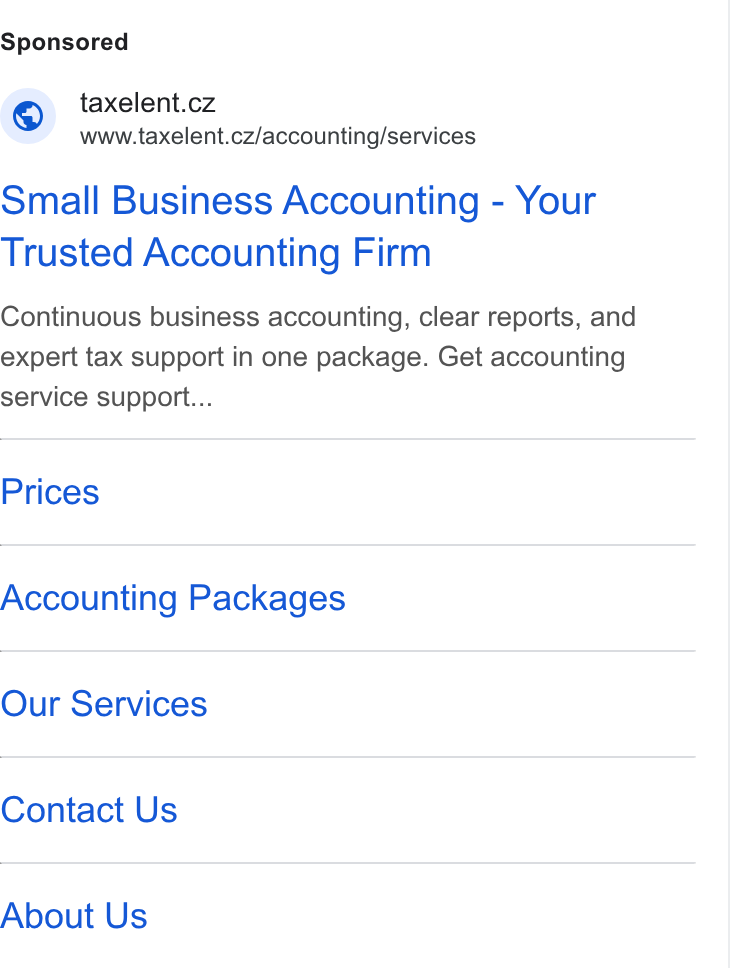 YouCanBookMe ad on Google Ads: Nt www.taxelent.cz/accounting/services Small Business Accounting - Your Trusted Accounting Firm Continuous business accounting, clear reports, and expert tax support in one package. Get accounting service support... Prices Accounting Packages Our Services Contact Us About Us
