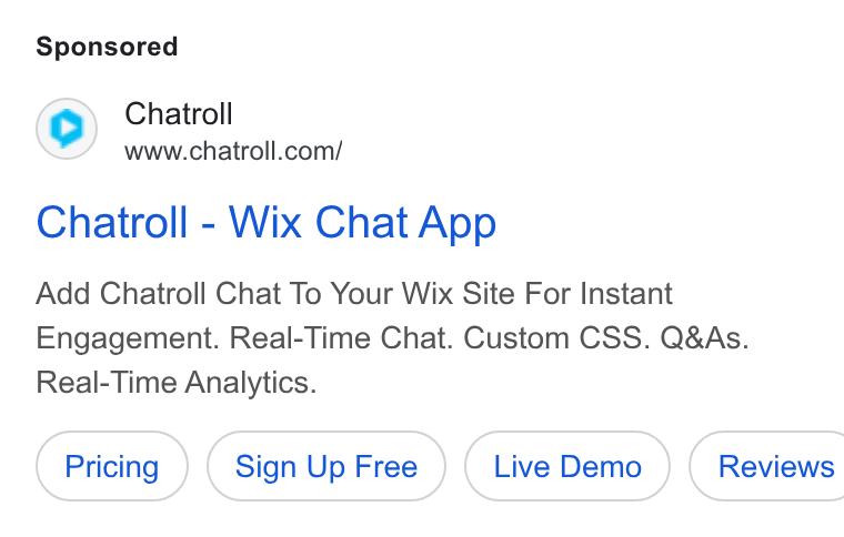 Chatroll ad on Google Ads: Chatroll - Wix Chat App Add Chatroll Chat To Your Wix Site For Instant Engagement. Real-Time Chat. Custom CSS. Q& As. Real-Time Analytics.