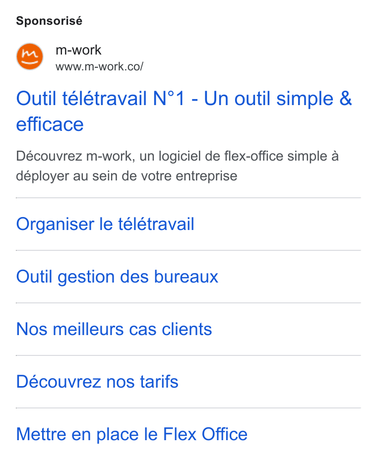 m-work ad on Google Ads: Sponsorisé Outil télétravail N°1 - Un outil simple & efficace Découvrez m-work, un logiciel de flex-office simple a déployer au sein de votre entreprise Organiser le télétravail Outil gestion des bureaux Nos meilleurs cas clients Découvrez nos tarifs Mettre en place le Flex Office