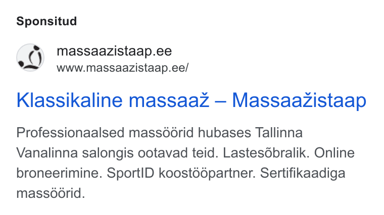 Fresha ad on Google Ads: ‘ae’ www.massaazistaap.ee/ Klassikaline massaaz — Massaazistaap Professionaalsed massoorid hubases Tallinna Vanalinna salongis ootavad teid. Lastesdbralik. Online broneerimine. Sport ID koostodpartner. Sertifikaadiga massoorid.