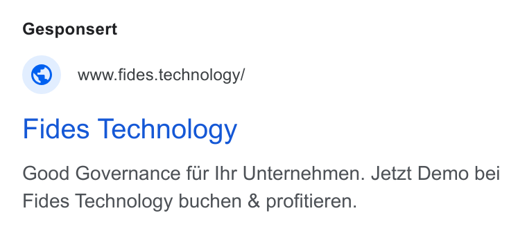 Fides ad on Google Ads: Gesponsert www.fides.technology/ Fides Technology Good Governance fur Ihr Unternehmen. Jetzt Demo bei Fides Technology buchen & profitieren.