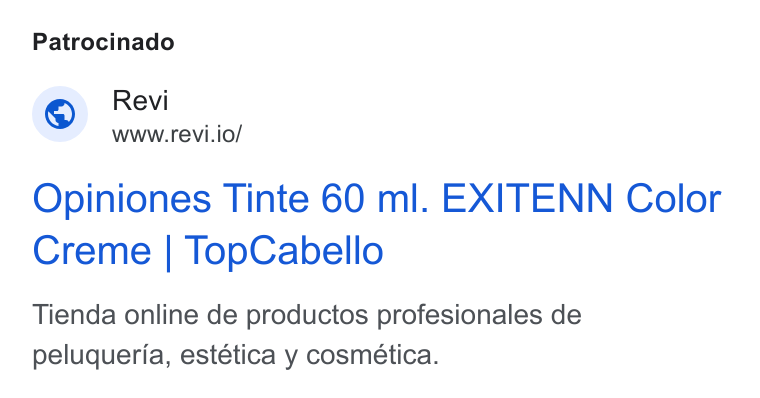 Revi ad on Google Ads: Patrocinado Revi www.revi.io/ Opiniones Tinte 60 ml. EXITENN Color Creme | Top Cabello Tienda online de productos profesionales de peluqueria, estética y cosmeética.