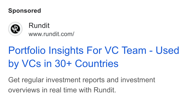 Rundit ad on Google Ads: Portfolio Insights For VC Team - Used by VCs in 30+ Countries Get regular investment reports and investment overviews in real time with Rundit.