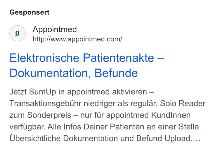 appointmed ad on Google Ads: Gesponsert Elektronische Patientenakte — Dokumentation, Befunde Jetzt Sum Up in appointmed aktivieren — Transaktionsgebuhr niedriger als regular. Solo Reader zum Sonderpreis — nur fur appointmed Kund Innen verfugbar. Alle Infos Deiner Patienten an einer Stelle. Ubersichtliche Dokumentation und Befund Upload....