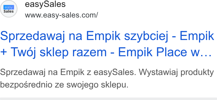 easySales Global ad on Google Ads: Sprzedawaj na Empik szybciej - Empik Twoj sklep razem - Empik Place w... Sprzedawaj na Empik z easy Sales. Wystawiaj produkty bezposrednio ze swojego sklepu.