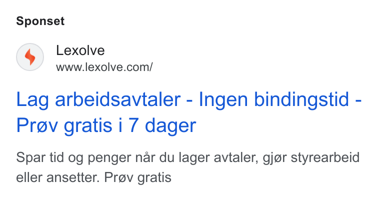 Lexolve ad on Google Ads: Sponset Lag arbeidsavtaler - Ingen bindingstid - Prov gratis | 7 dager Spar tid og penger nar du lager avtaler, gj@r styrearbeid eller ansetter. Prov gratis