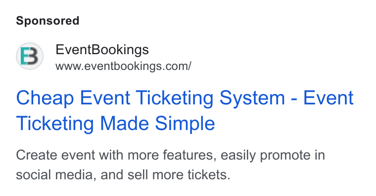 EventBookings ad on Google Ads: Cheap Event Ticketing System - Event Ticketing Made Simple Create event with more features, easily promote in social media, and sell more tickets.
