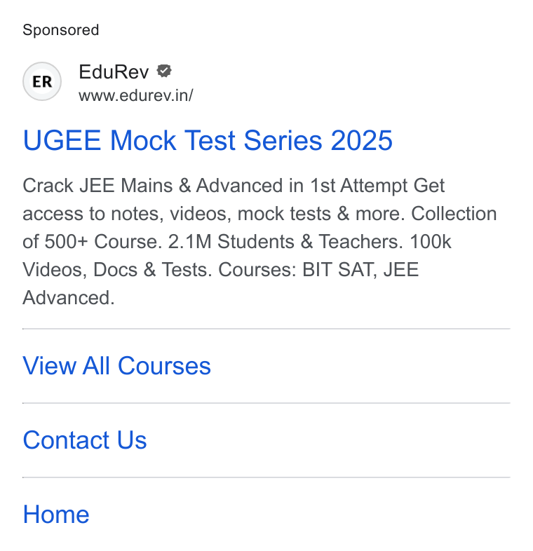 EduRev ad on Google Ads: UGEE Mock Test Series 2025 Crack JEE Mains & Advanced in 1st Attempt Get access to notes, videos, mock tests & more. Collection of 500+ Course. 2.1M Students & Teachers. 100k Videos, Docs & Tests. Courses: BIT SAT, JEE Advanced. View All Courses Contact Us Home