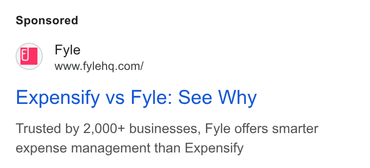 Fyle ad on Google Ads: Expensify vs Fyle: See Why Trusted by 2,000+ businesses, Fyle offers smarter expense management than Expensify