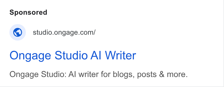 Ongage ad on Google Ads: Ongage Studio Al Writer Ongage Studio: Al writer for blogs, posts & more.