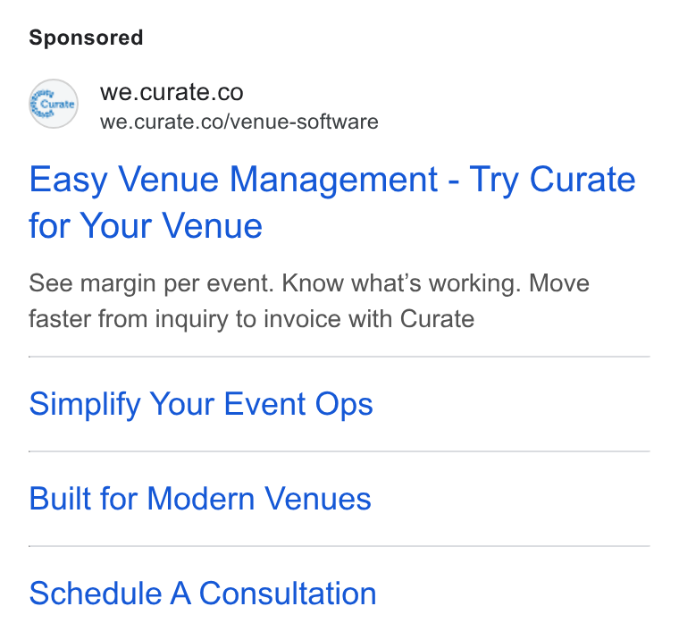 Curate ad on Google Ads: we.curate.co/venue-software Easy Venue Management - Try Curate for Your Venue See margin per event. Know what’s working. Move faster from inquiry to invoice with Curate Simplify Your Event Ops Built for Modern Venues Schedule A Consultation