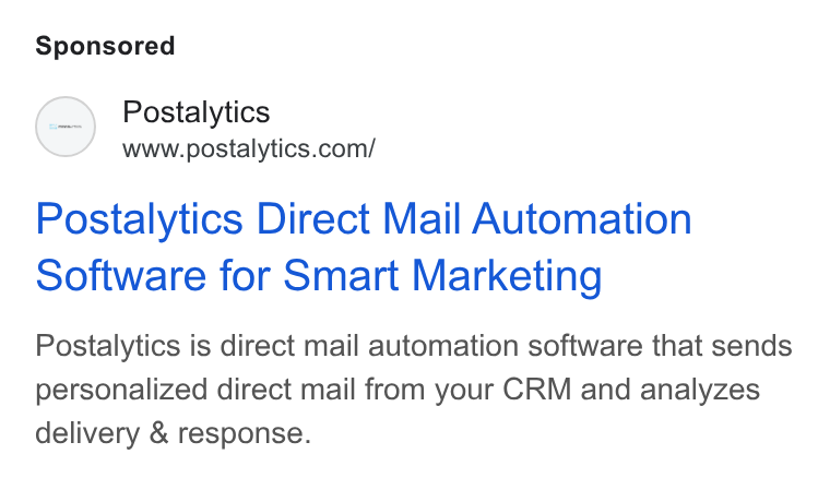 Postalytics ad on Google Ads: Postalytics Direct Mail Automation Software for Smart Marketing Postalytics is direct mail automation software that sends personalized direct mail from your CRM and analyzes delivery & response.