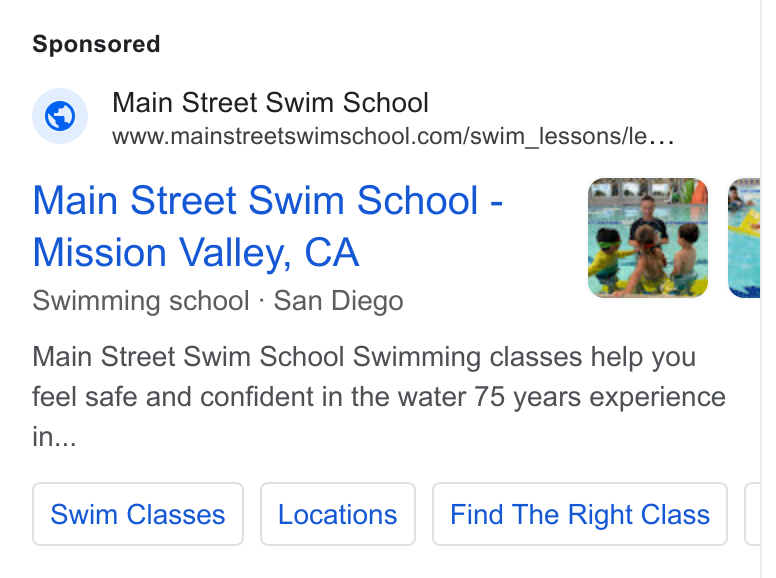 iClassPro ad on Google Ads: Main Street Swim School - Mission Valley, CA Swimming school - San Diego Main Street Swim School Swimming classes help you feel safe and confident in the water 75 years experience In...
