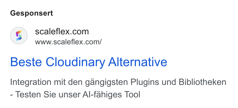 Scaleflex ad on Google Ads: www.scaleflex.com/ Beste Cloudinary Alternative Integration mit den gangigsten Plugins und Bibliotheken Testen Sie unser Al-fahiges Tool