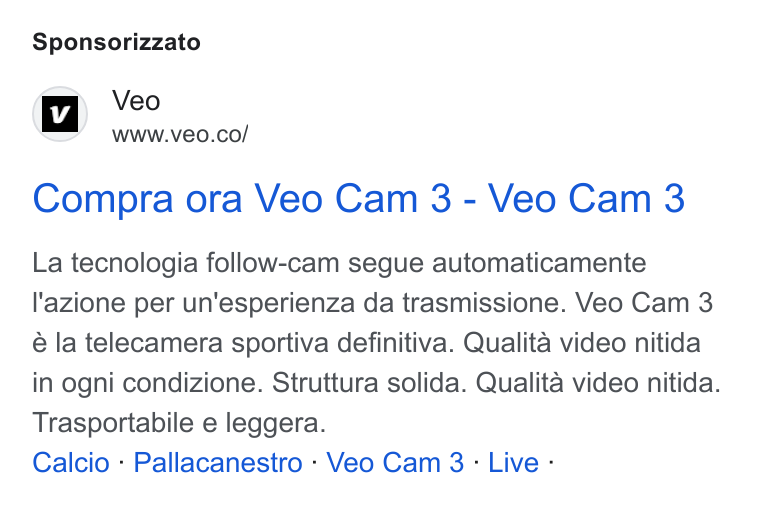 Veo Technologies ad on Google Ads: Sponsorizzato vy | Veo WWW. Ve0. CO/ Compra ora Veo Cam 3 - Veo Cam 3 La tecnologia follow-cam segue automaticamente l'azione per un'esperienza da trasmissione. Veo Cam 3 é la telecamera sportiva definitiva. Qualita video nitida in ogni condizione. Struttura solida. Qualita video nitida. Trasportabile e leggera. Calcio - Pallacanestro - Veo Cam 3 - Live -