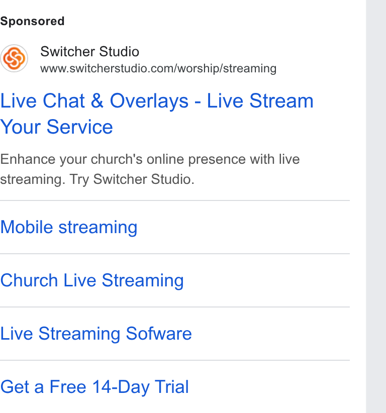 Switcher ad on Google Ads: Live Chat & Overlays - Live Stream Your Service Enhance your church's online presence with live streaming. Try Switcher Studio. Mobile streaming Church Live Streaming Live Streaming Sofware Get a Free 14-Day Trial