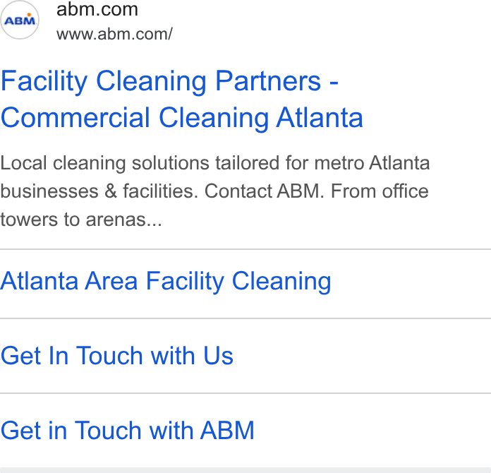 ABM Industries ad on Google Ads: www.abm.com/ Facility Cleaning Partners - Commercial Cleaning Atlanta Local cleaning solutions tailored for metro Atlanta businesses & facilities. Contact ABM. From office towers to arenas... Atlanta Area Facility Cleaning Get In Touch with Us Get in Touch with ABM