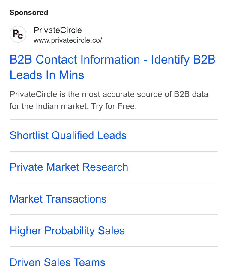 PrivateCircle ad on Google Ads: B2B Contact Information - Identify B2B Leads In Mins Private Circle is the most accurate source of B2B data for the Indian market. Try for Free. Shortlist Qualified Leads Private Market Research Market Transactions Higher Probability Sales Driven Sales Teams