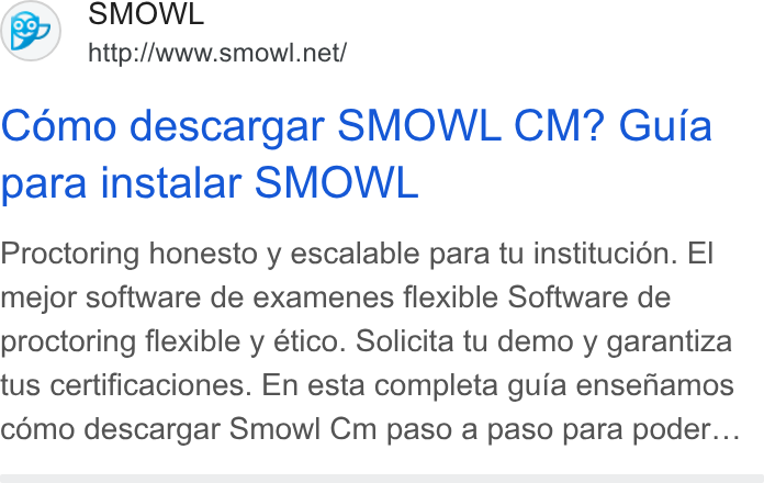 Smowltech ad on Google Ads: Como descargar SMOWL CM? Guia para instalar SMOWL Proctoring honesto y escalable para tu institucion. El mejor software de examenes flexible Software de proctoring flexible y ético. Solicita tu demo y garantiza tus certificaciones. En esta completa guia ensehamos como descargar Smowl Cm paso a paso para poder...