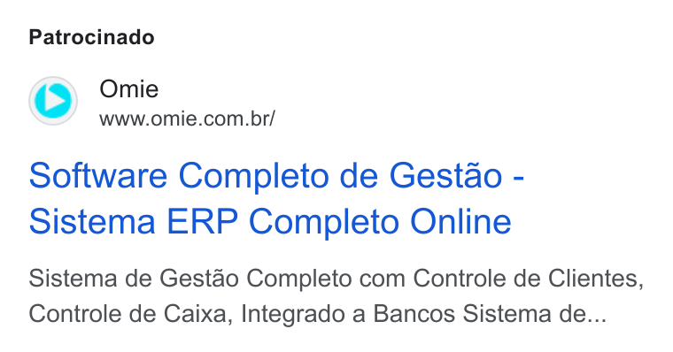 Omie ad on Google Ads: Patrocinado software Completo de Gestao - Sistema ERP Completo Online Sistema de Gestao Completo com Controle de Clientes, Controle de Caixa, Integrado a Bancos Sistema de...