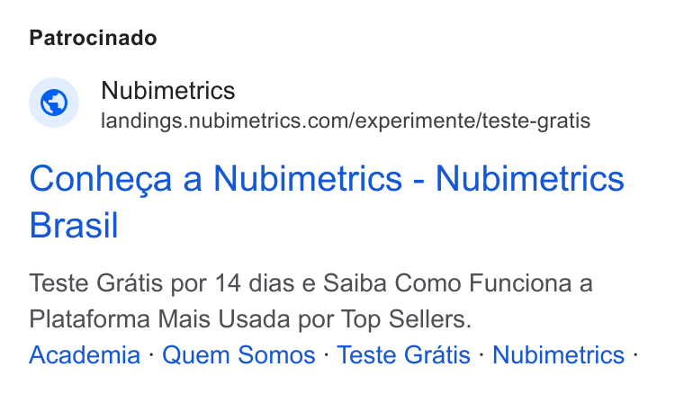 Nubimetrics ad on Google Ads: Patrocinado Conhega a Nubimetrics - Nubimetrics Brasil Teste Gratis por 14 dias e Saiba Como Funciona a Plataforma Mais Usada por Top Sellers. Academia - Quem Somos - Teste Gratis - Nubimetrics -