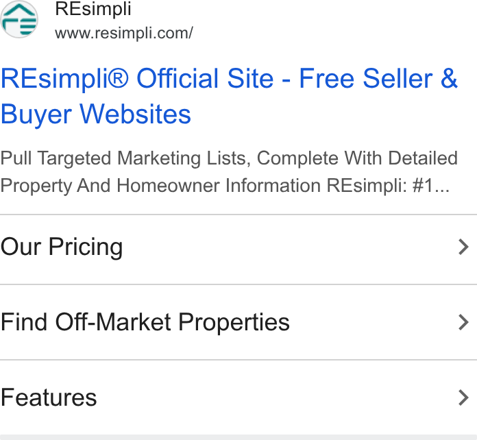 Resimpli ad on Google Ads: REsimpli® Official Site - Free Seller & Buyer Websites Pull Targeted Marketing Lists, Complete With Detailed Property And Homeowner Information REsimpli: #1... Our Pricing Find Off-Market Properties Features