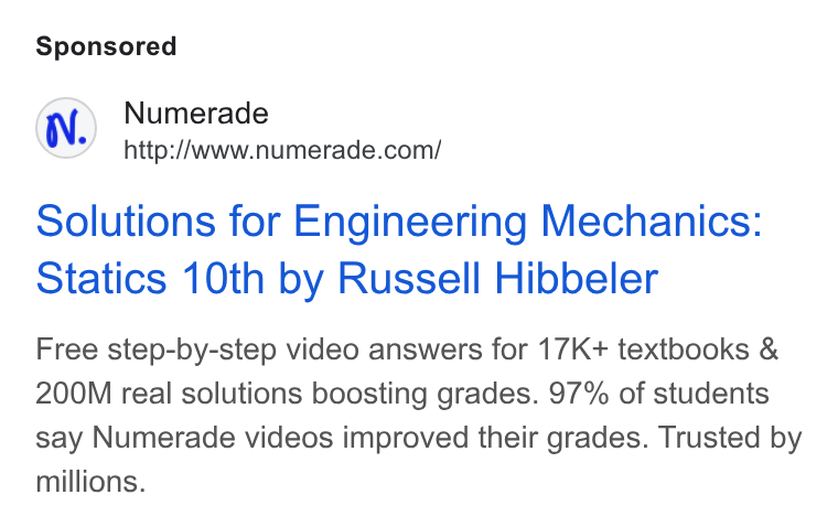 Numerade ad on Google Ads: Solutions for Engineering Mechanics: Statics 10th by Russell Hibbeler Free step-by-step video answers for 17K+ textbooks & 200M real solutions boosting grades. 97% of students say Numerade videos improved their grades. Trusted by millions.
